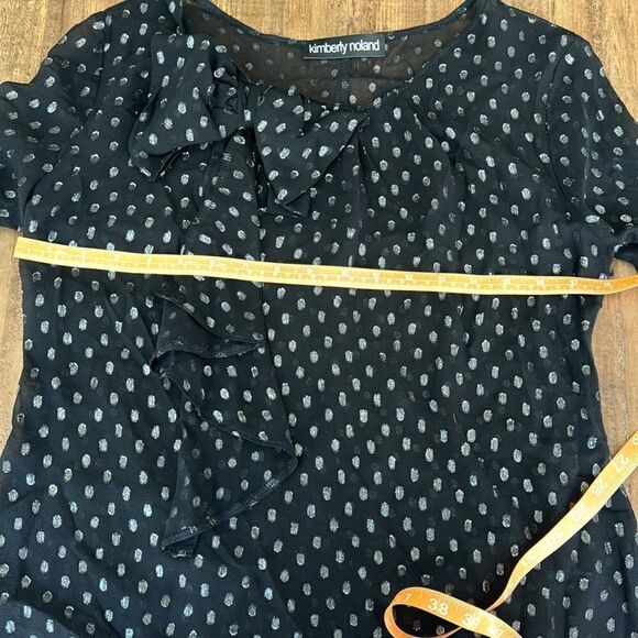 black blouse, long sleeve, metallic, polka dots, bow, feminine, silk, holiday - Picture 4 of 5